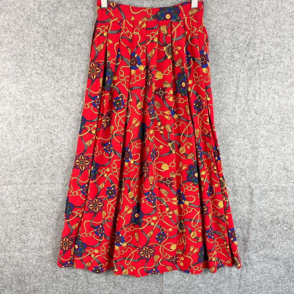 VTG Talbots Pleated Maxi Skirt Womens XXS Red Paisley Tassel Print Artsy Boho